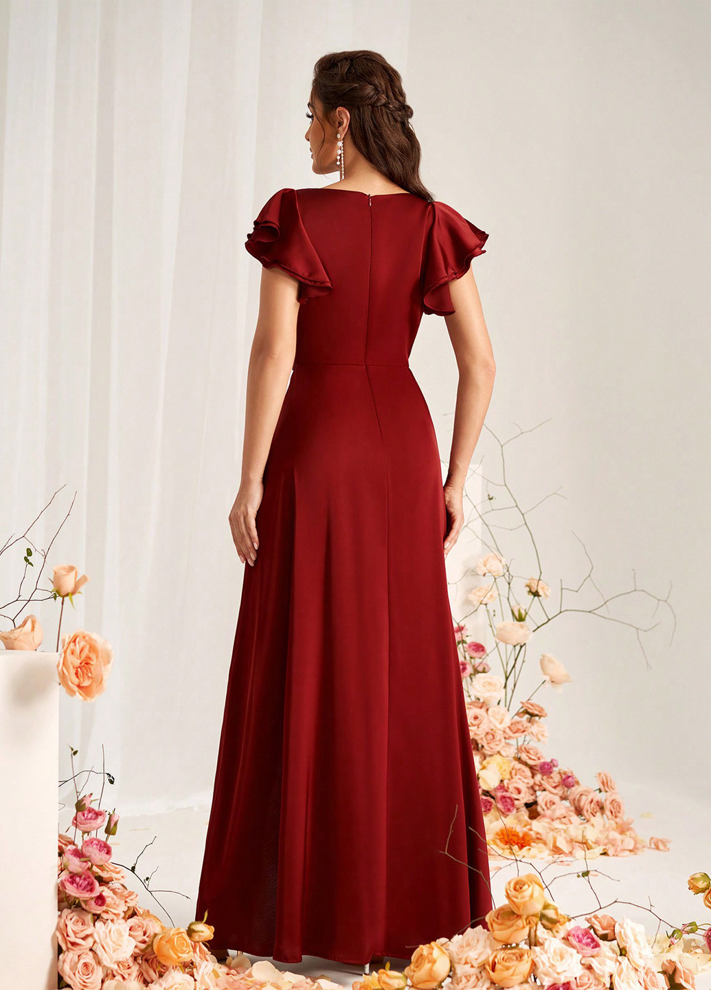 Темно-красное вечернее платье с юбкой-солнце, на запах SHEIN однотонное