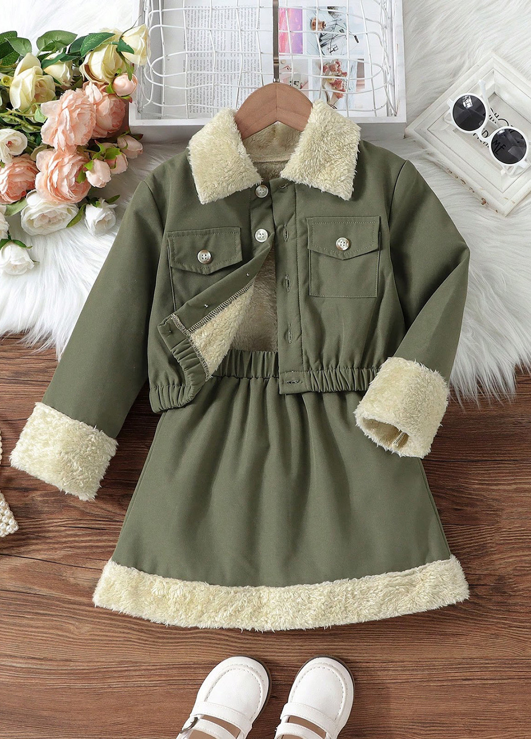Оливковий (хакі) демісезонний комплект (куртка, спідниця) SHEIN