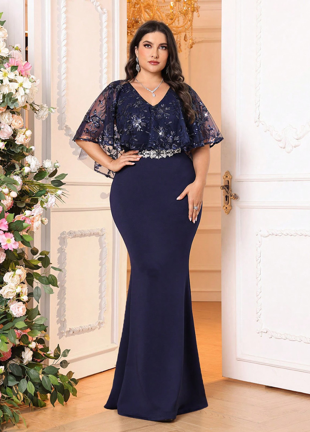 Темно-синее вечернее платье годе SHEIN однотонное