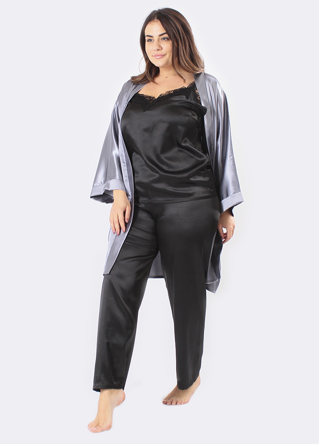 Сірий демісезонний комплект (халат, майка, штани) Ghazel