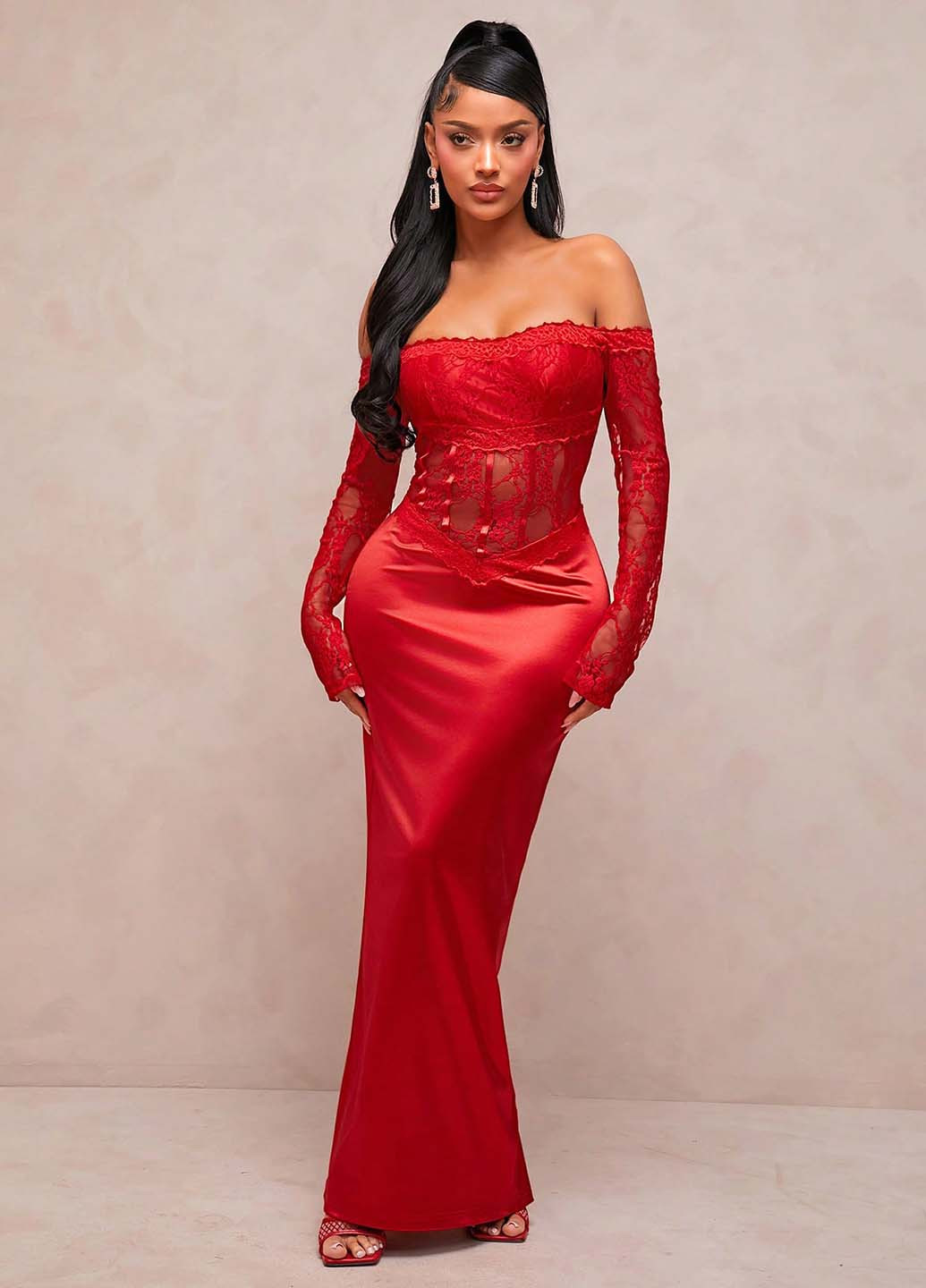 Червона вечірня сукня з відкритою спиною, годе, з відкритими плечима SHEIN однотонна