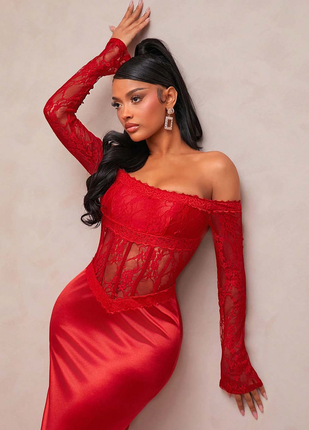 Червона вечірня сукня з відкритою спиною, годе, з відкритими плечима SHEIN однотонна