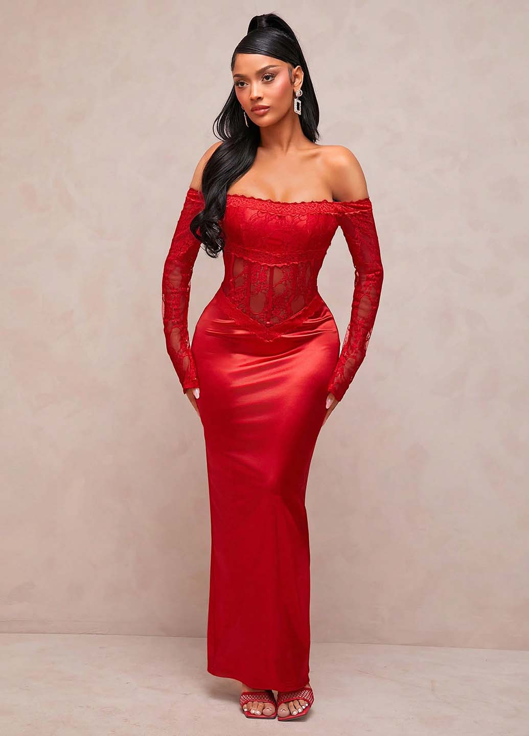 Червона вечірня сукня з відкритою спиною, годе, з відкритими плечима SHEIN однотонна