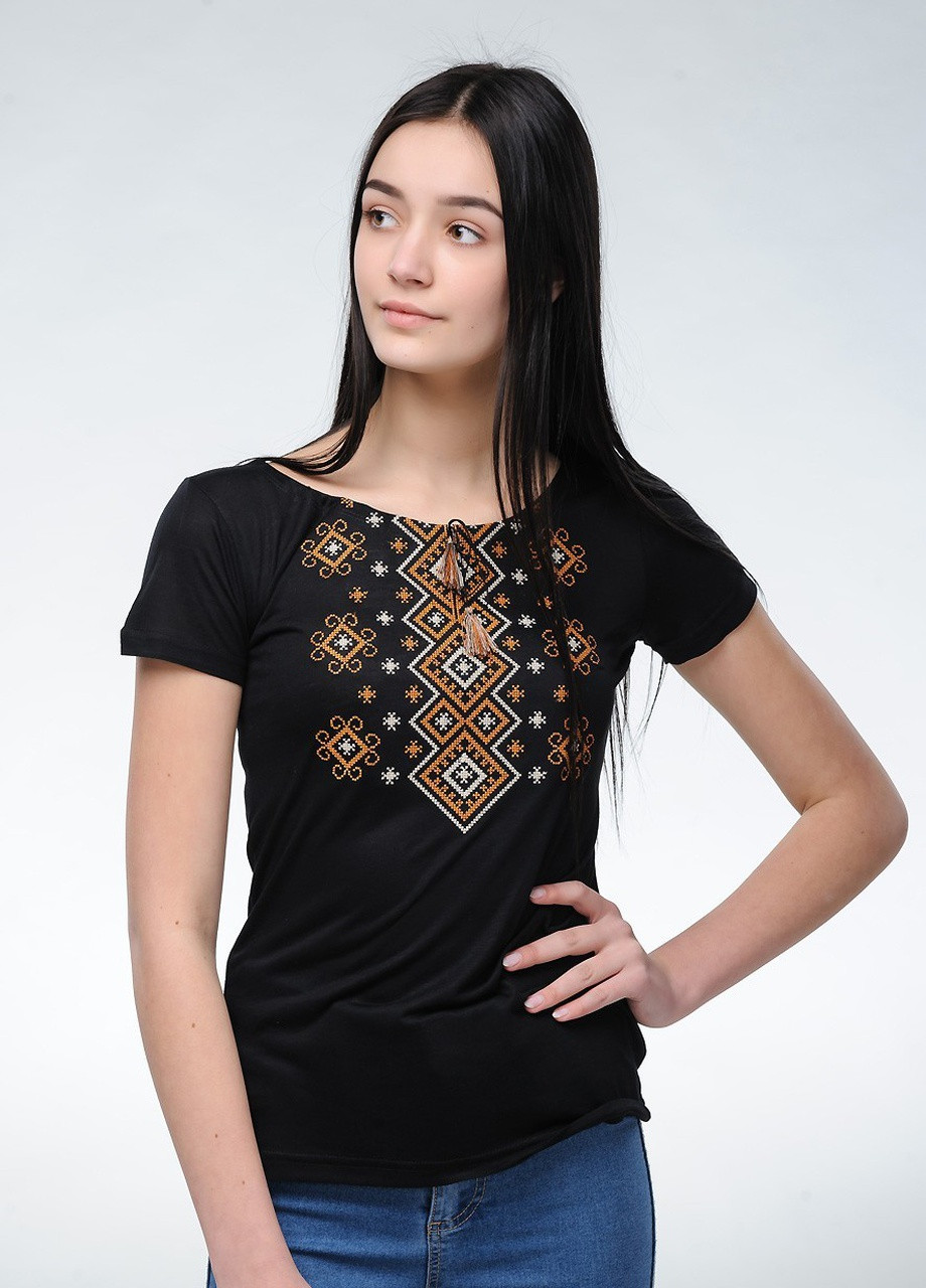 Женская вышитая футболка Карпатский орнамент черная с коричневым Melanika (250206195)
