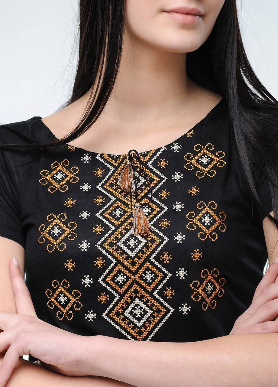 Жіноча вишита футболка Карпатський орнамент чорна з коричневим Melanika (250206195)