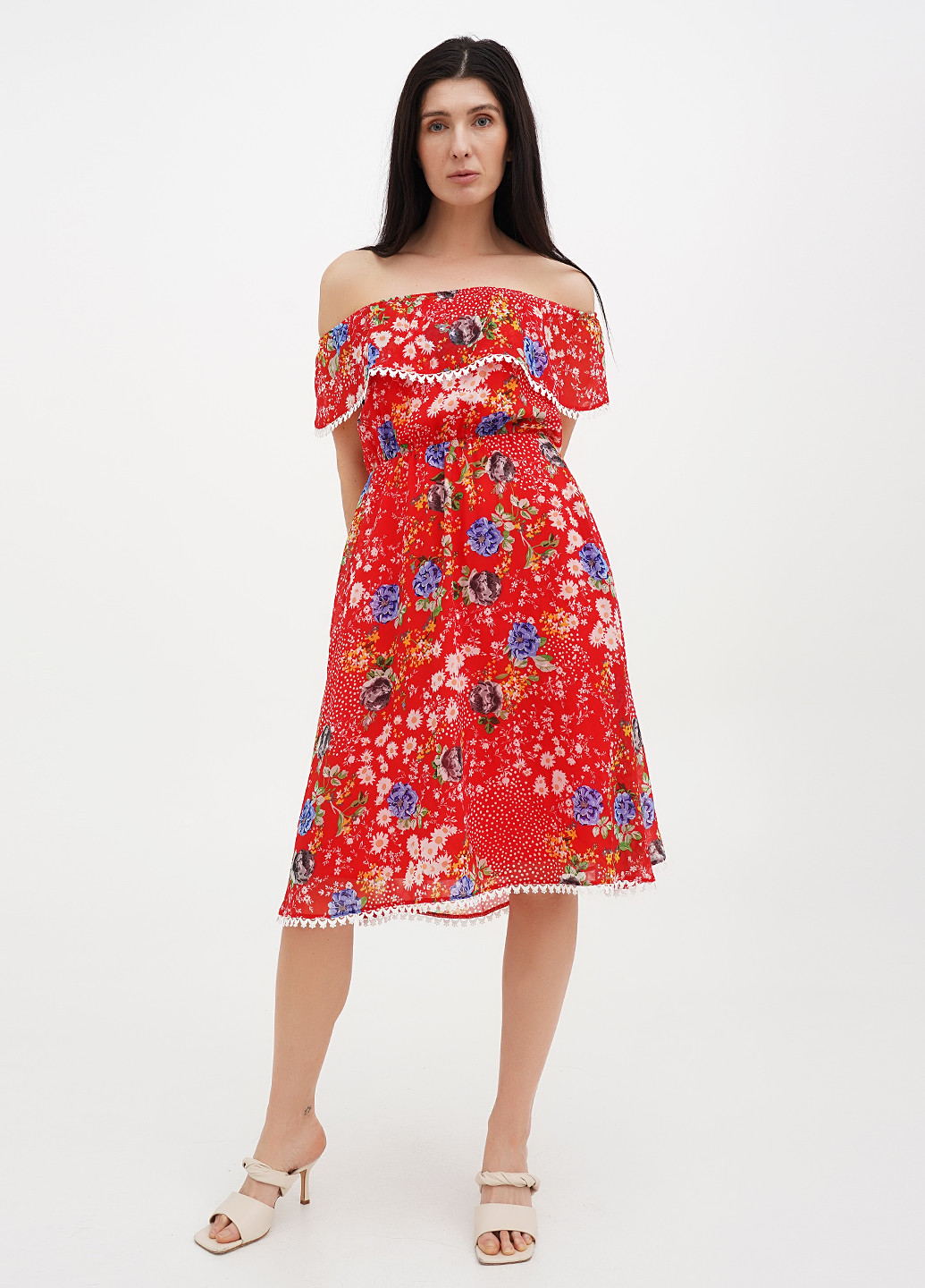 Красное кэжуал платье с открытыми плечами Vicolo с цветочным принтом