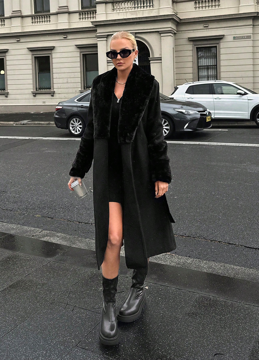 Чорне зимнє Пальто однобортне SHEIN