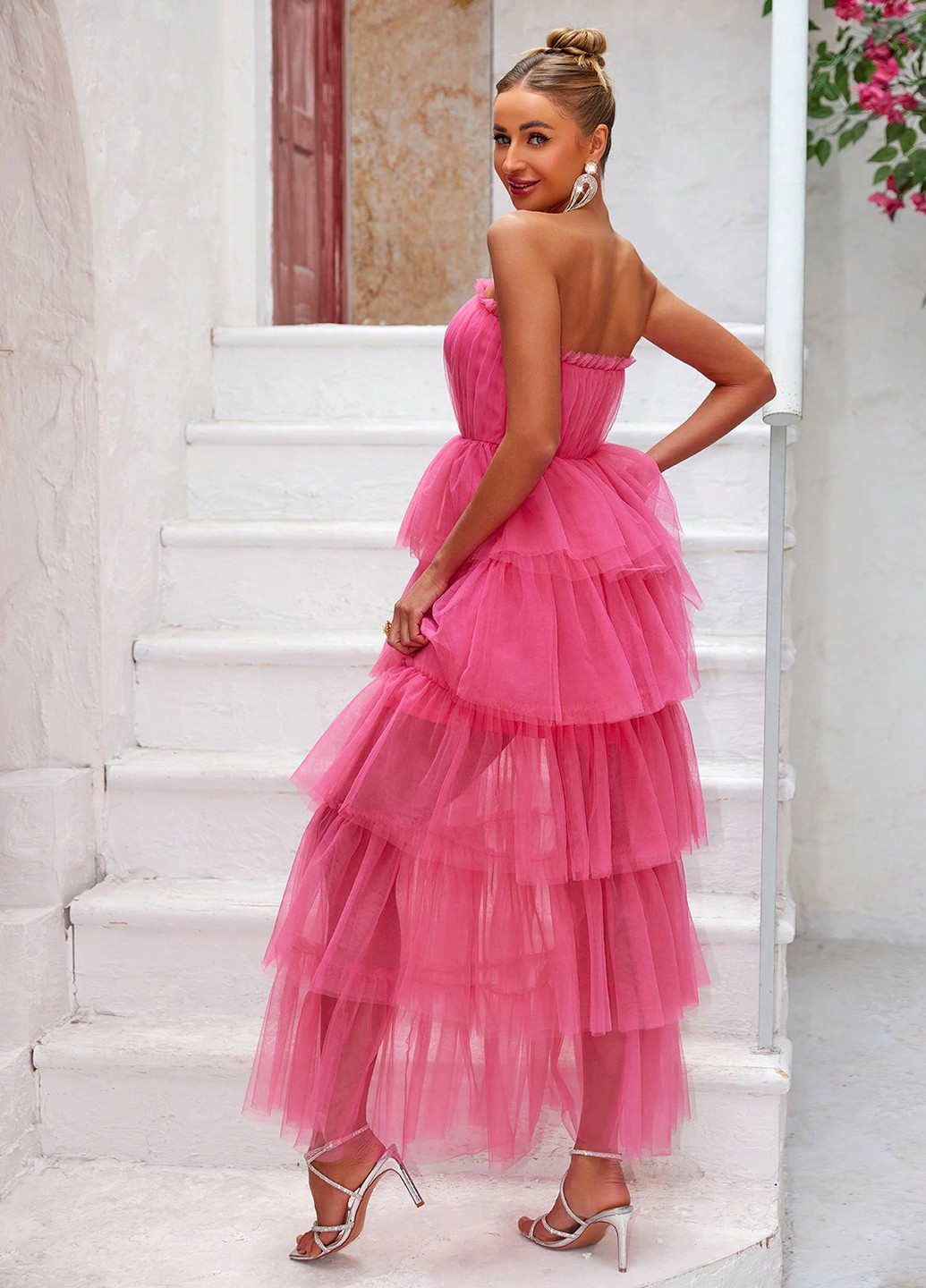 Розовое коктейльное платье с открытыми плечами SHEIN однотонное