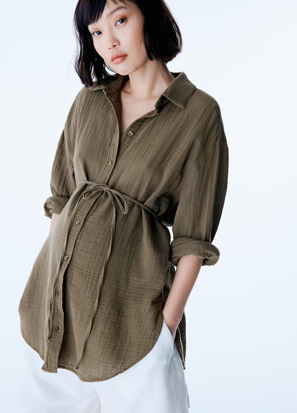 Оливковковая (хаки) кэжуал рубашка однотонная H&M