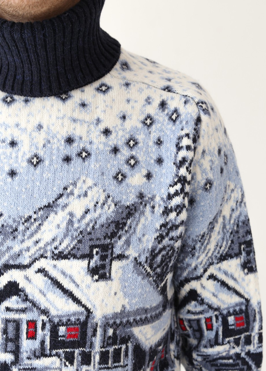 Синий зимний свитер мужской зимний с домиками синее горло Pulltonic Прямая