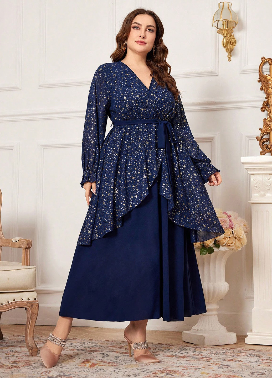 Темно-синя вечірня сукня кльош, на запах, з баскою SHEIN зірки