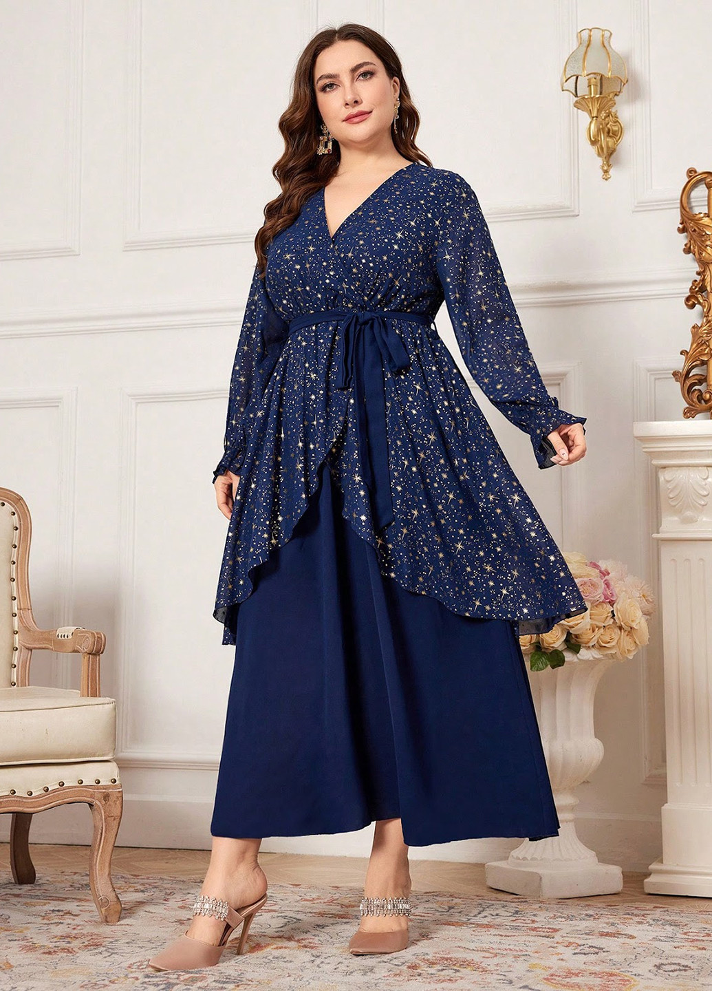 Темно-синя вечірня сукня кльош, на запах, з баскою SHEIN зірки