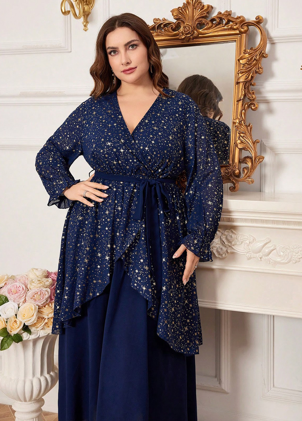 Темно-синя вечірня сукня кльош, на запах, з баскою SHEIN зірки