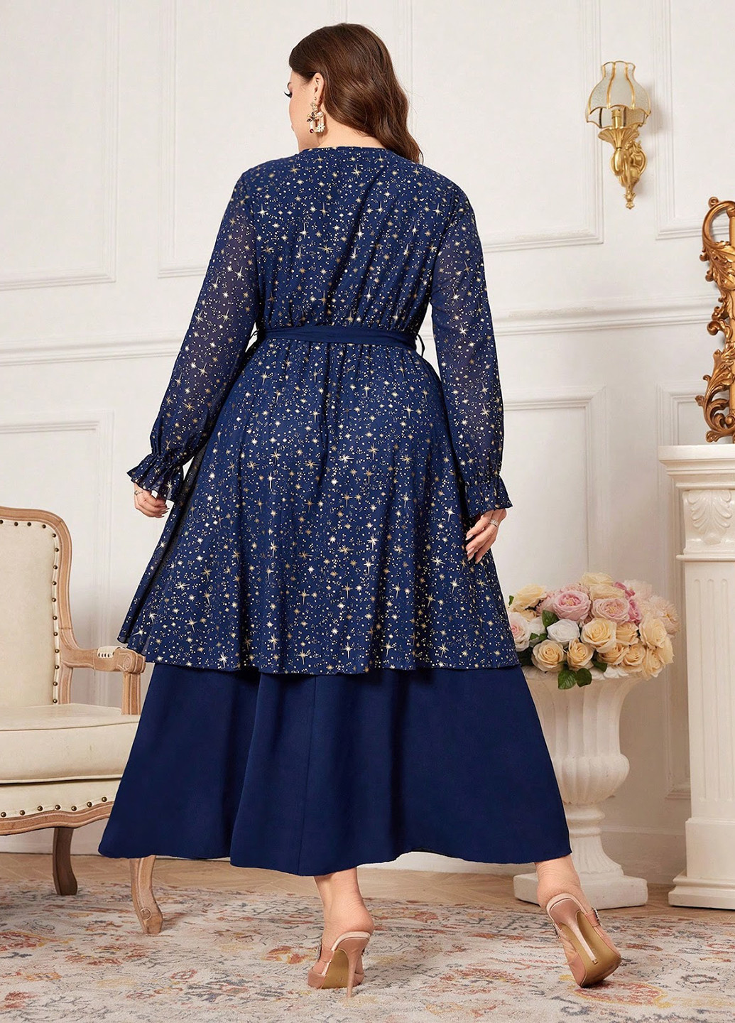 Темно-синя вечірня сукня кльош, на запах, з баскою SHEIN зірки