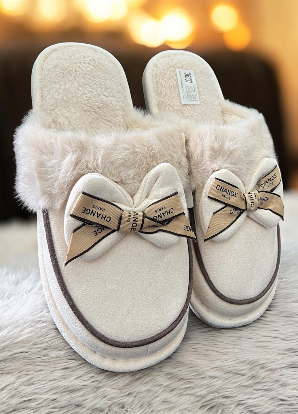 Бежевые тапочки Scarlett с мехом, с бантом