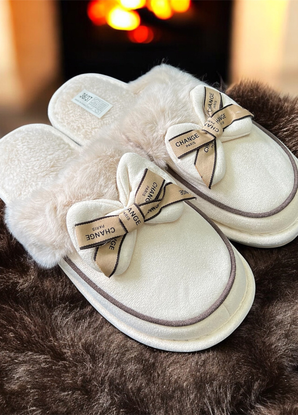 Бежевые тапочки Scarlett с мехом, с бантом