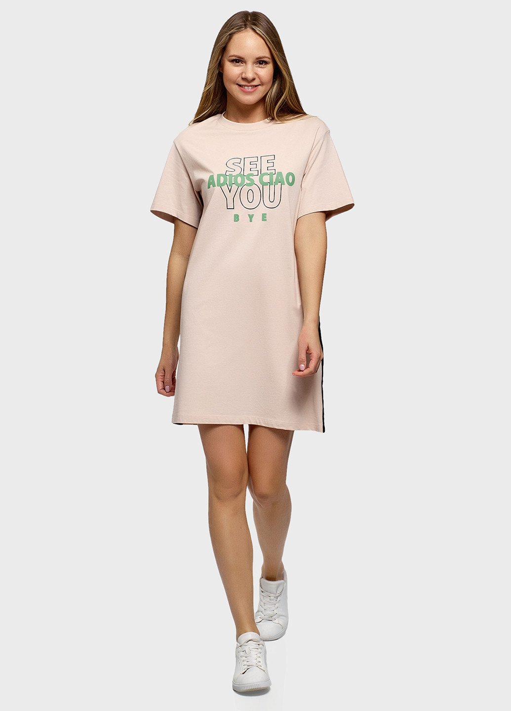 Пудрова кежуал сукня сукня-футболка Oodji з написами