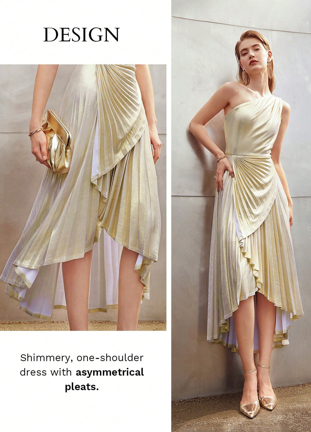 Золотой вечернее, коктейльное платье плиссированное SHEIN однотонное