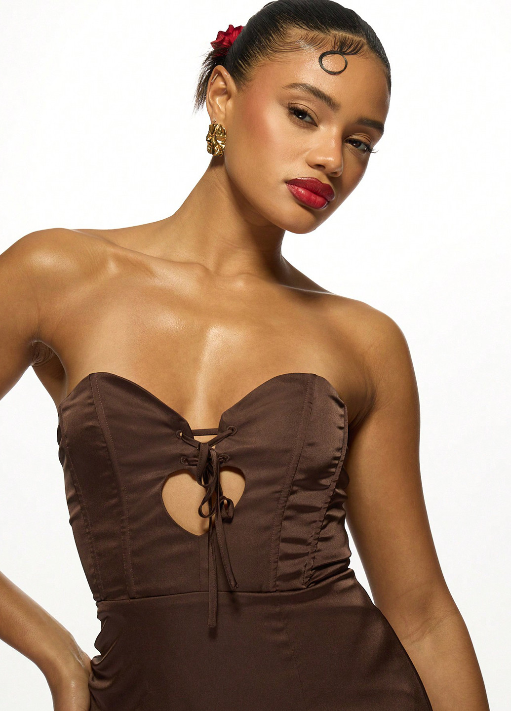 Темно-коричнева святковий, коктейльна, вечірня сукня з відкритою спиною, бандо, а-силует, з корсетом SHEIN однотонна