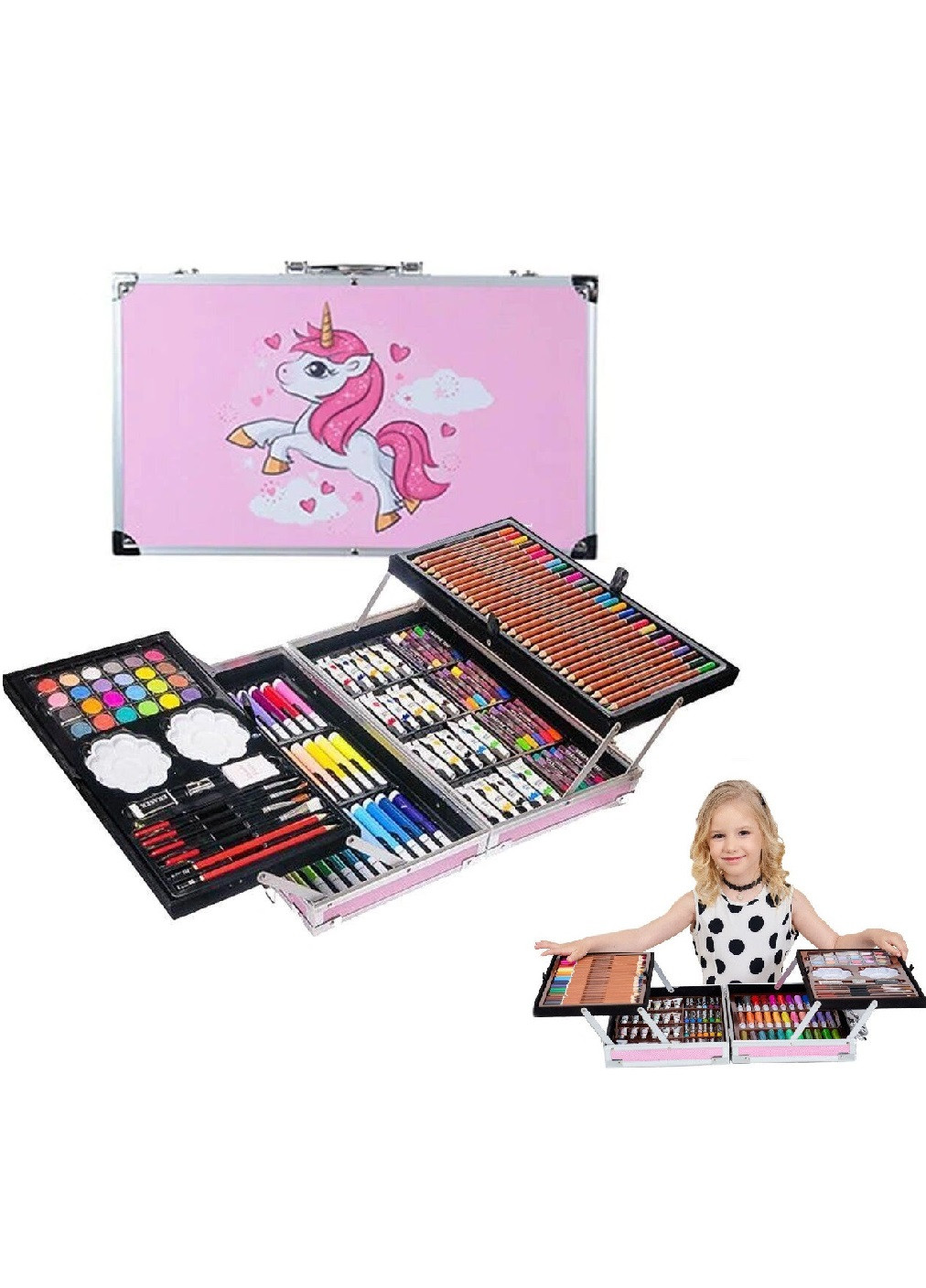 Набор художественный для творчества рисования в алюминиевом чемодане Единорог 145 предметов (822829754-Т) Розовый Unbranded (253991425)
