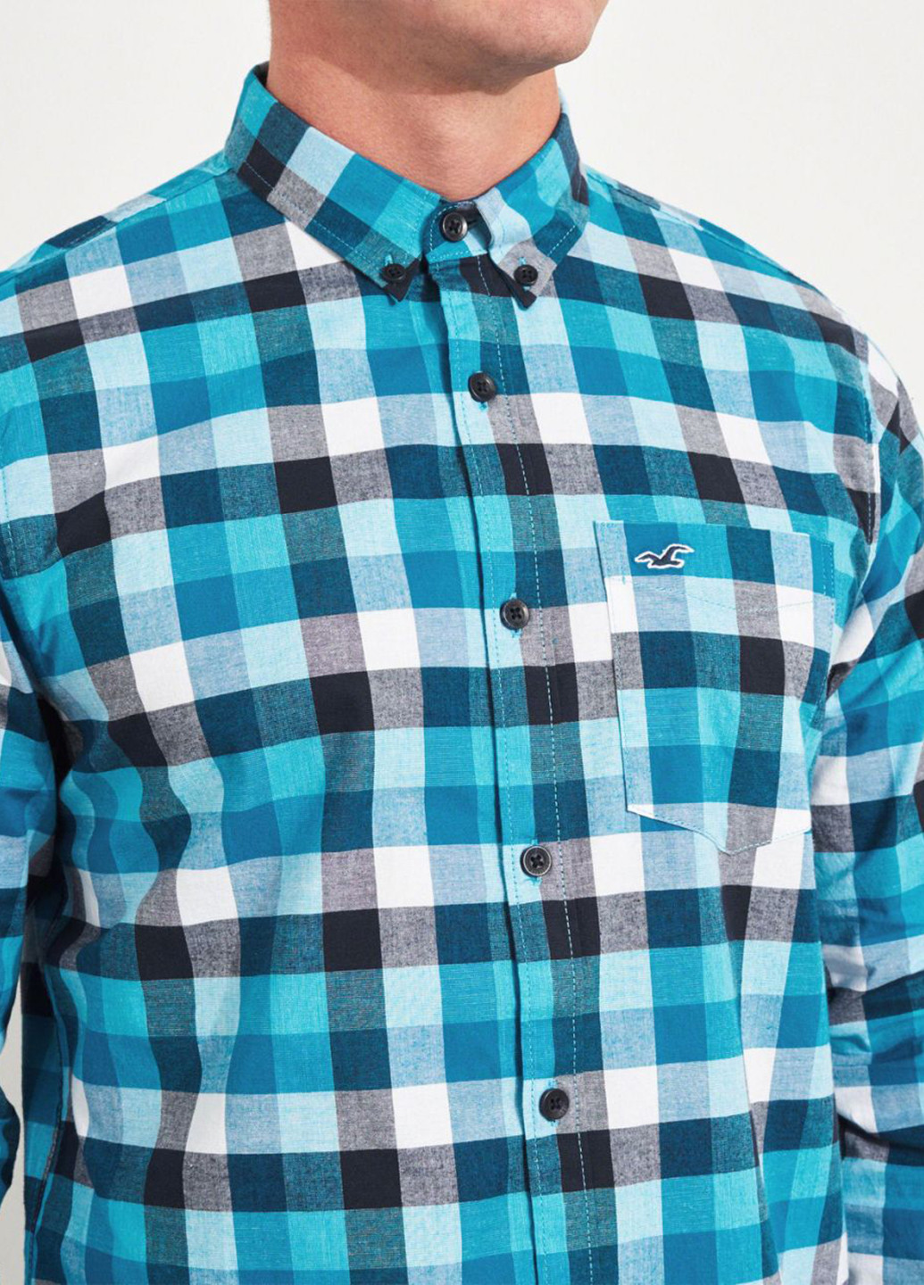 Синяя кэжуал рубашка в клетку Hollister с длинным рукавом