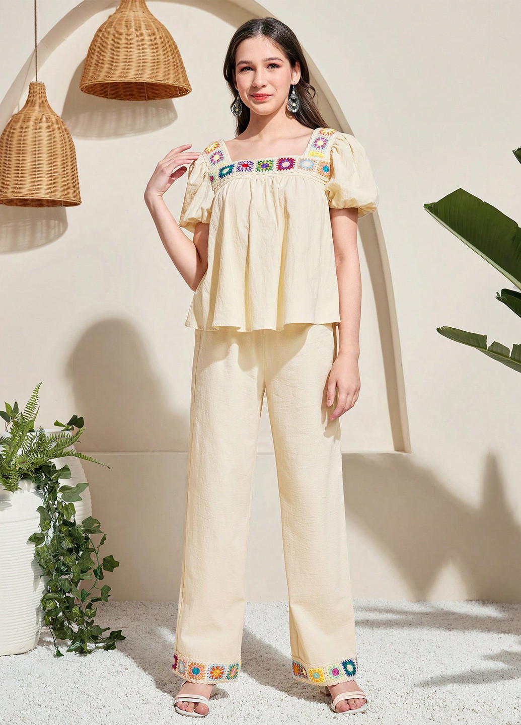 Світло-бежевий літній костюм (блуза, штани) SHEIN