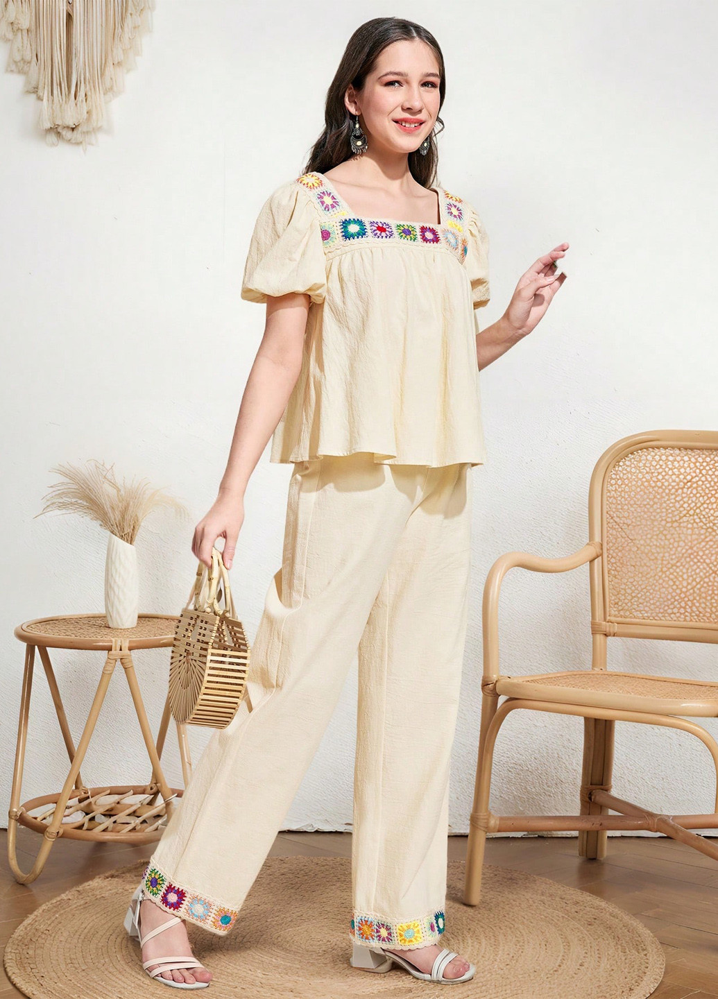 Світло-бежевий літній костюм (блуза, штани) SHEIN