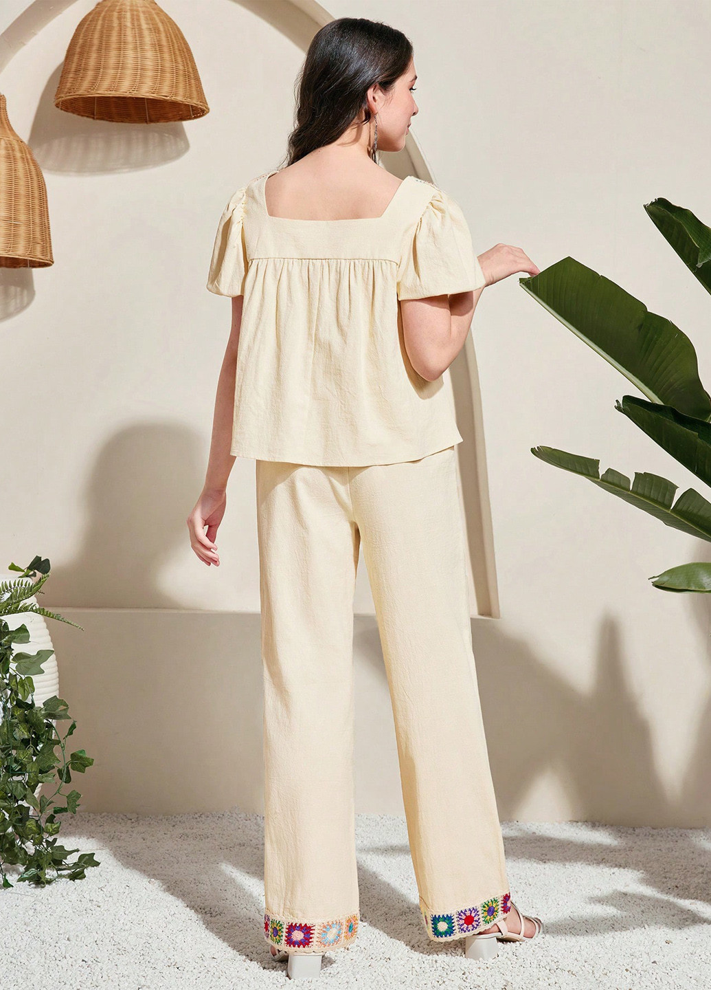 Світло-бежевий літній костюм (блуза, штани) SHEIN