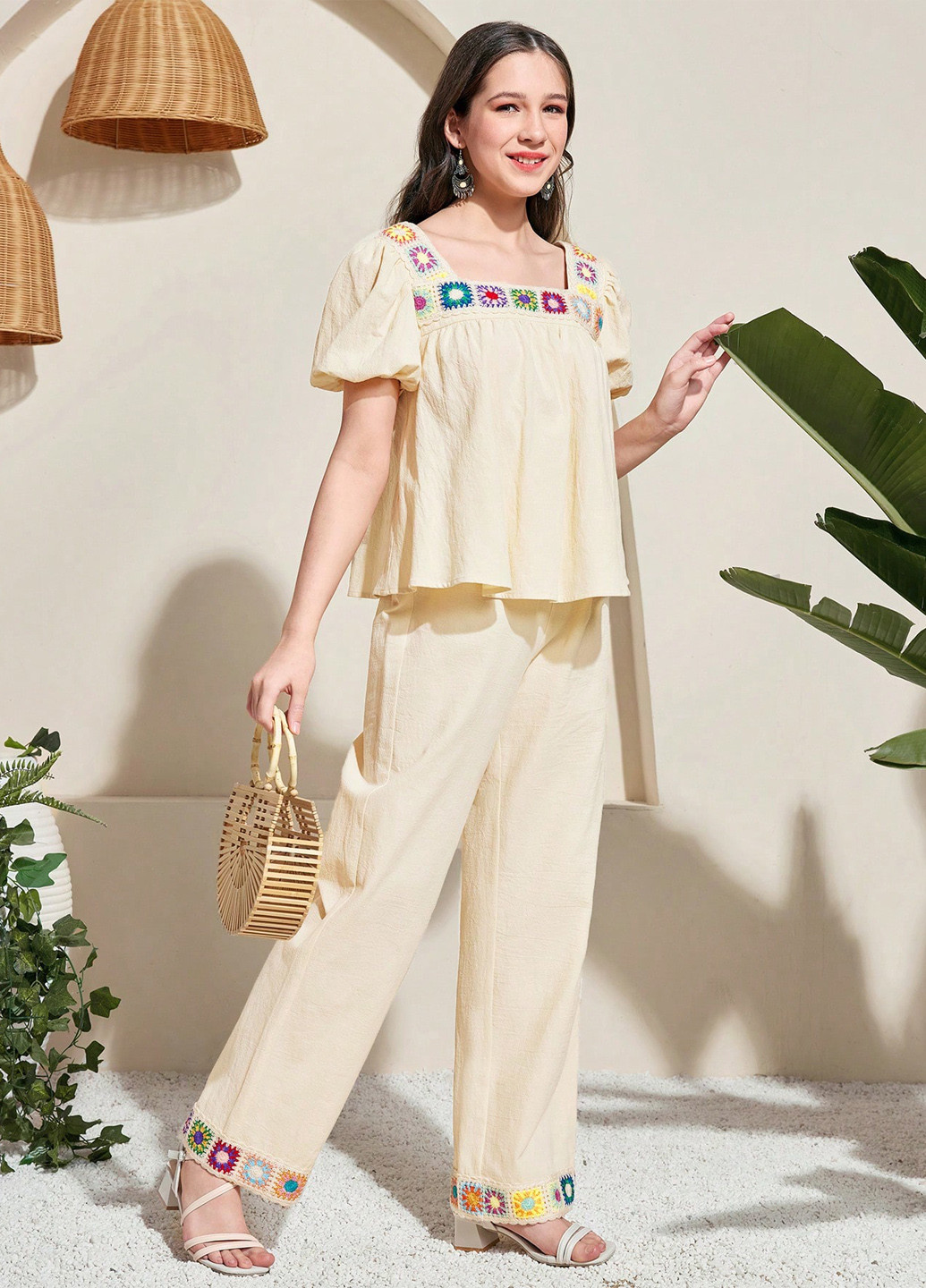 Світло-бежевий літній костюм (блуза, штани) SHEIN