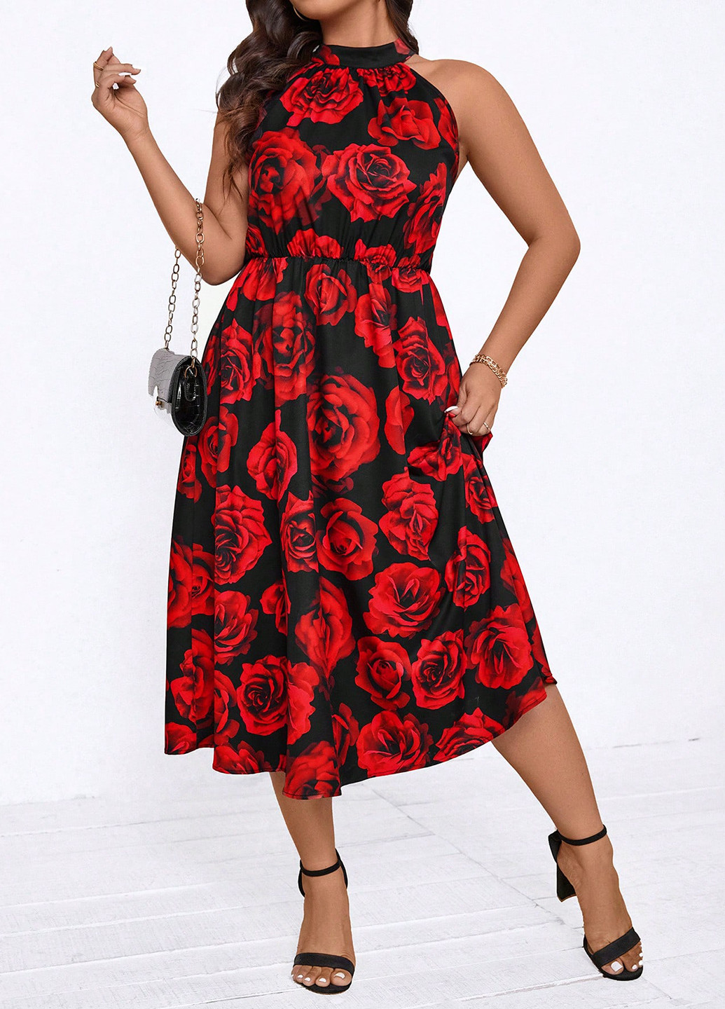 Червона кежуал сукня з відкритими плечима SHEIN троянди