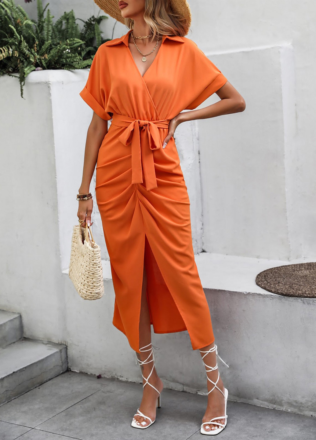 Оранжевое кэжуал платье на запах SHEIN однотонное