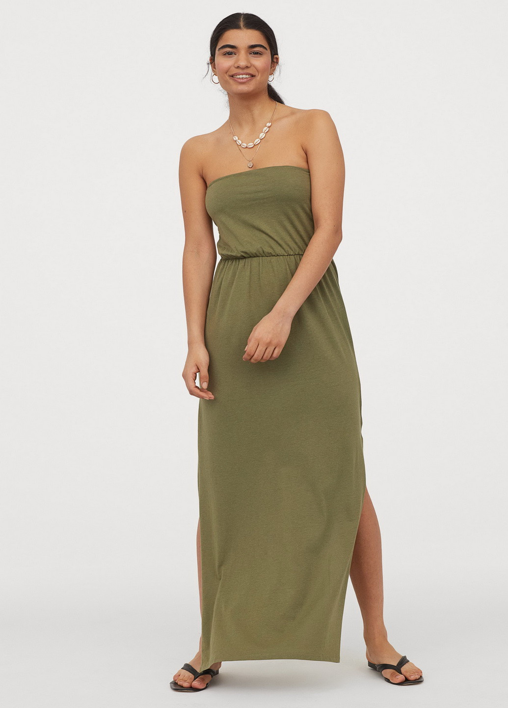 Зеленое кэжуал платье с открытыми плечами H&M однотонное