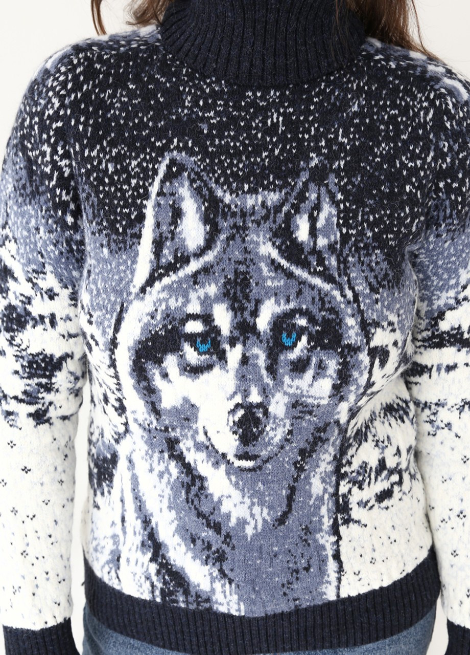 Синий зимний свитер женский сине-белый с волчицей Pulltonic Прямая