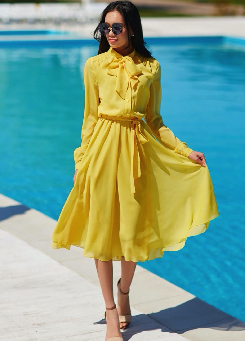 Желтое кэжуал воздушное платье с бантом желтого цвета SL.IRA