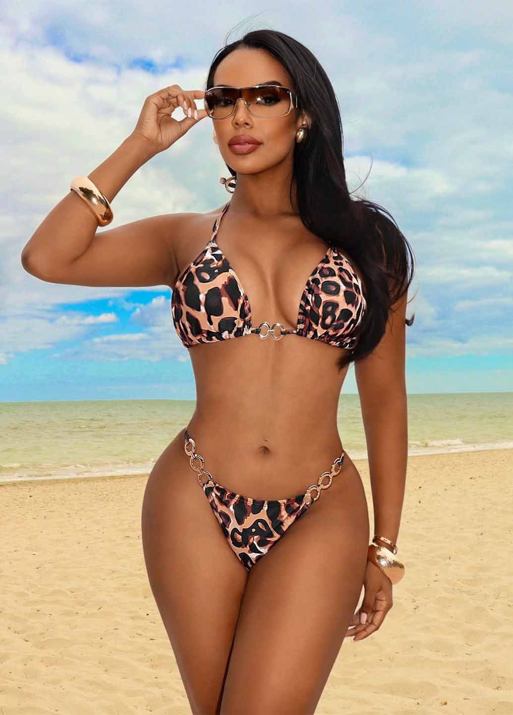 Рожево-коричневий літній купальник (ліф, трусики) бікіні, халтер, роздільний SHEIN