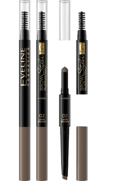 Олівець для брів eveline brow styler 3 в 1 багатофункціональний 02 dark brown, 1.2 г Eveline Cosmetics 5901761966732 (256080097)
