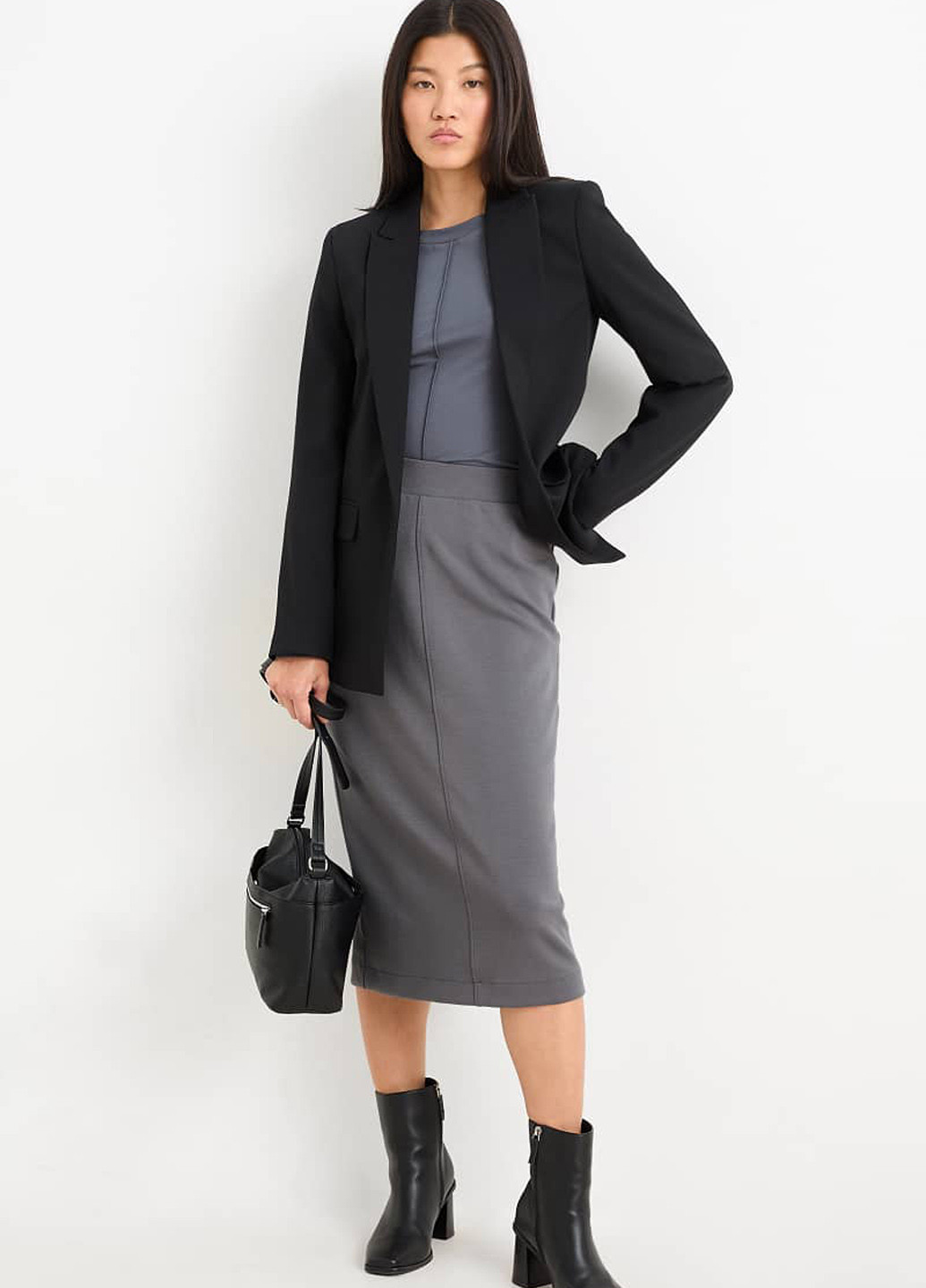 Серая офисная, кэжуал однотонная юбка C&A карандаш