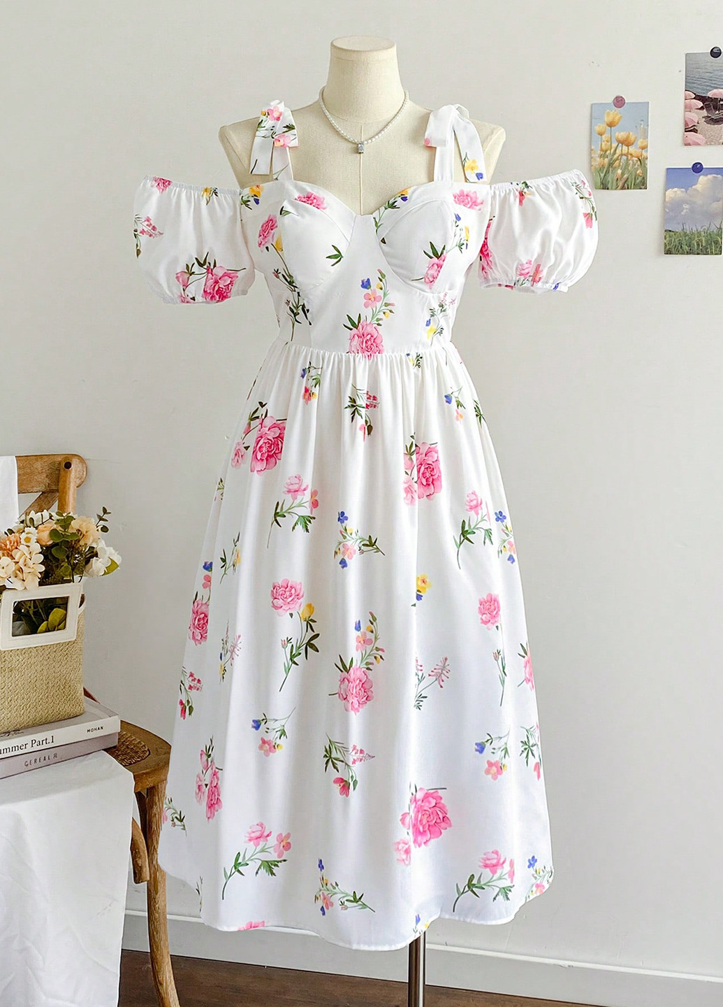 Белое кэжуал платье а-силуэт SHEIN с цветочным принтом