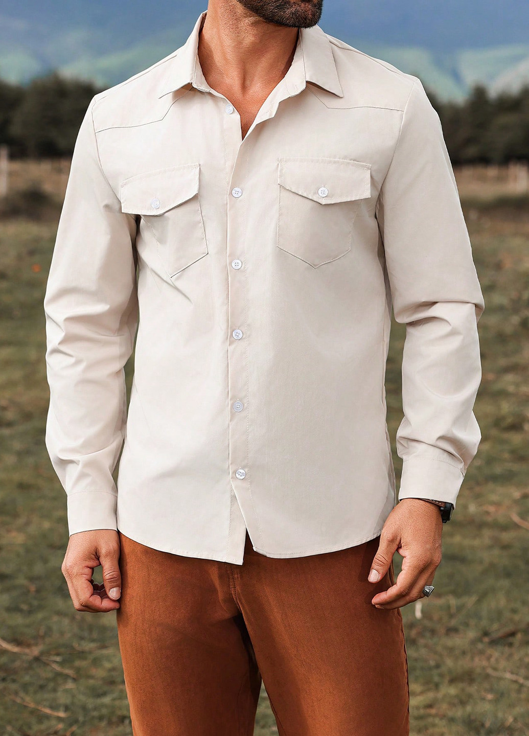 Светло-бежевая классическая, кэжуал рубашка однотонная SHEIN