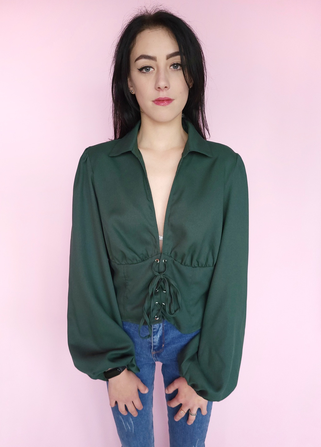 Блуза- топ на шнуровке Зеленая Boohoo (256120563)
