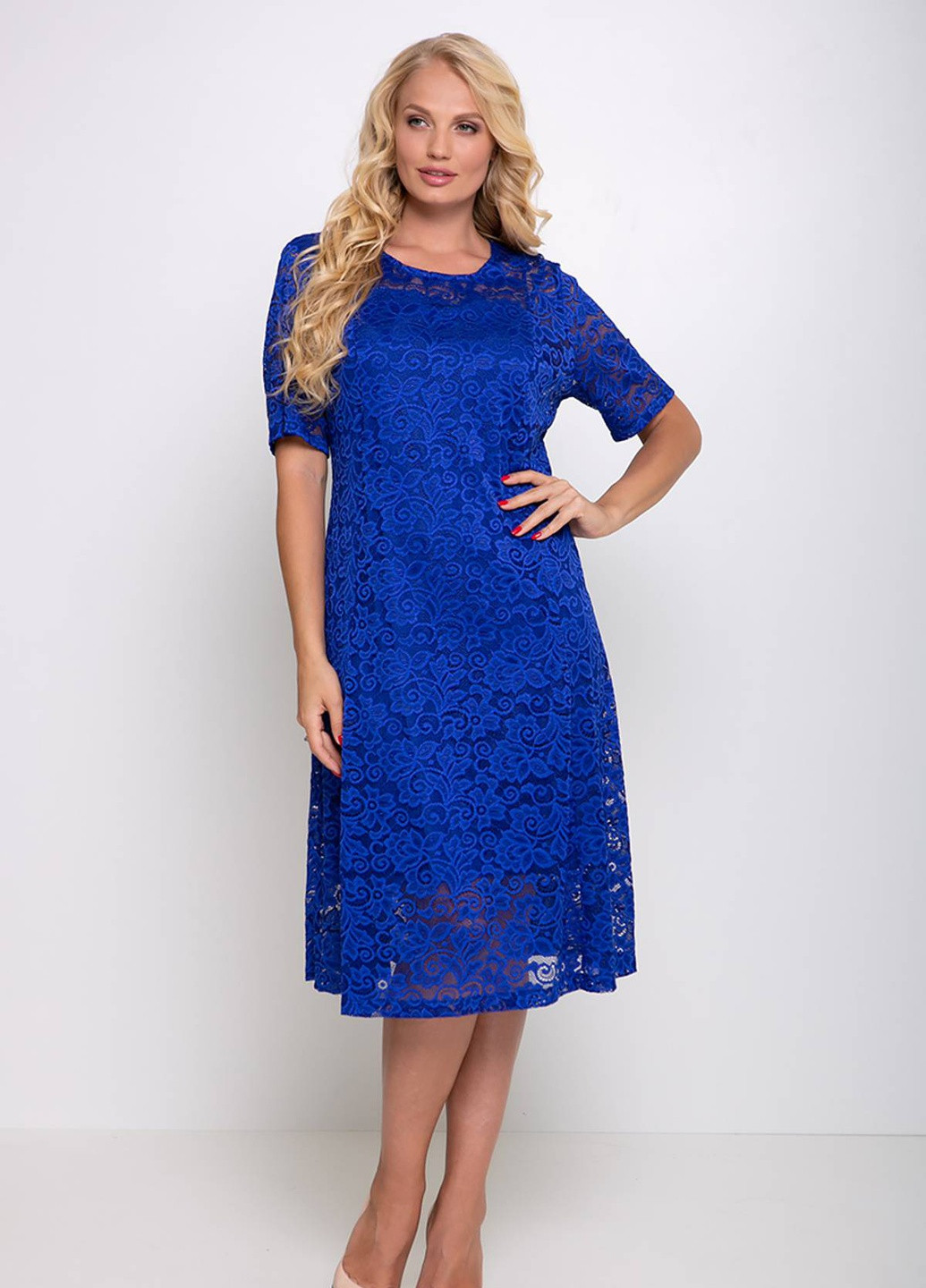 Серо-голубое кэжуал гипюровое платье с чехлом ивона электрик Tatiana однотонное