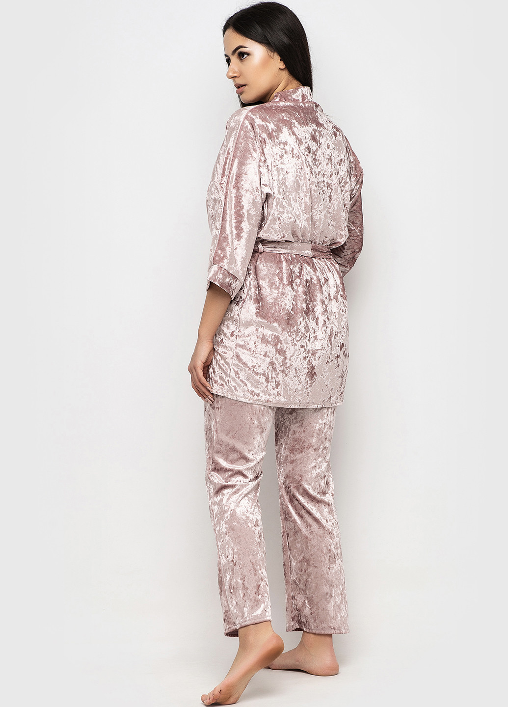 Світло-рожевий демісезонний комплект (майка, штани, халат) Ghazel