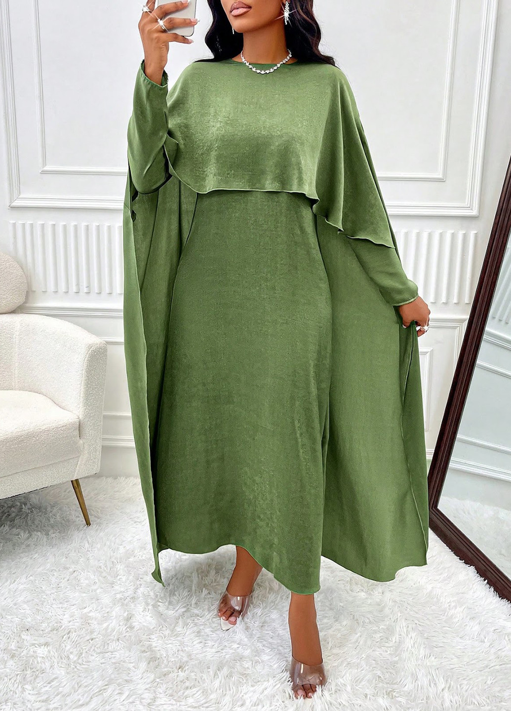 Зеленое кэжуал, вечернее платье платье-кейп SHEIN однотонное