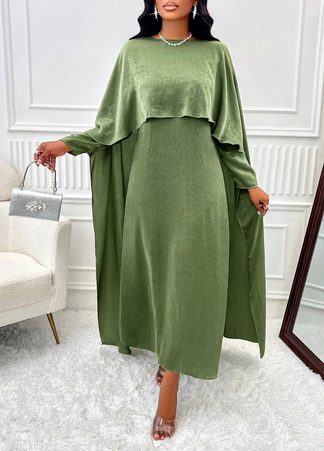 Зеленое кэжуал, вечернее платье платье-кейп SHEIN однотонное