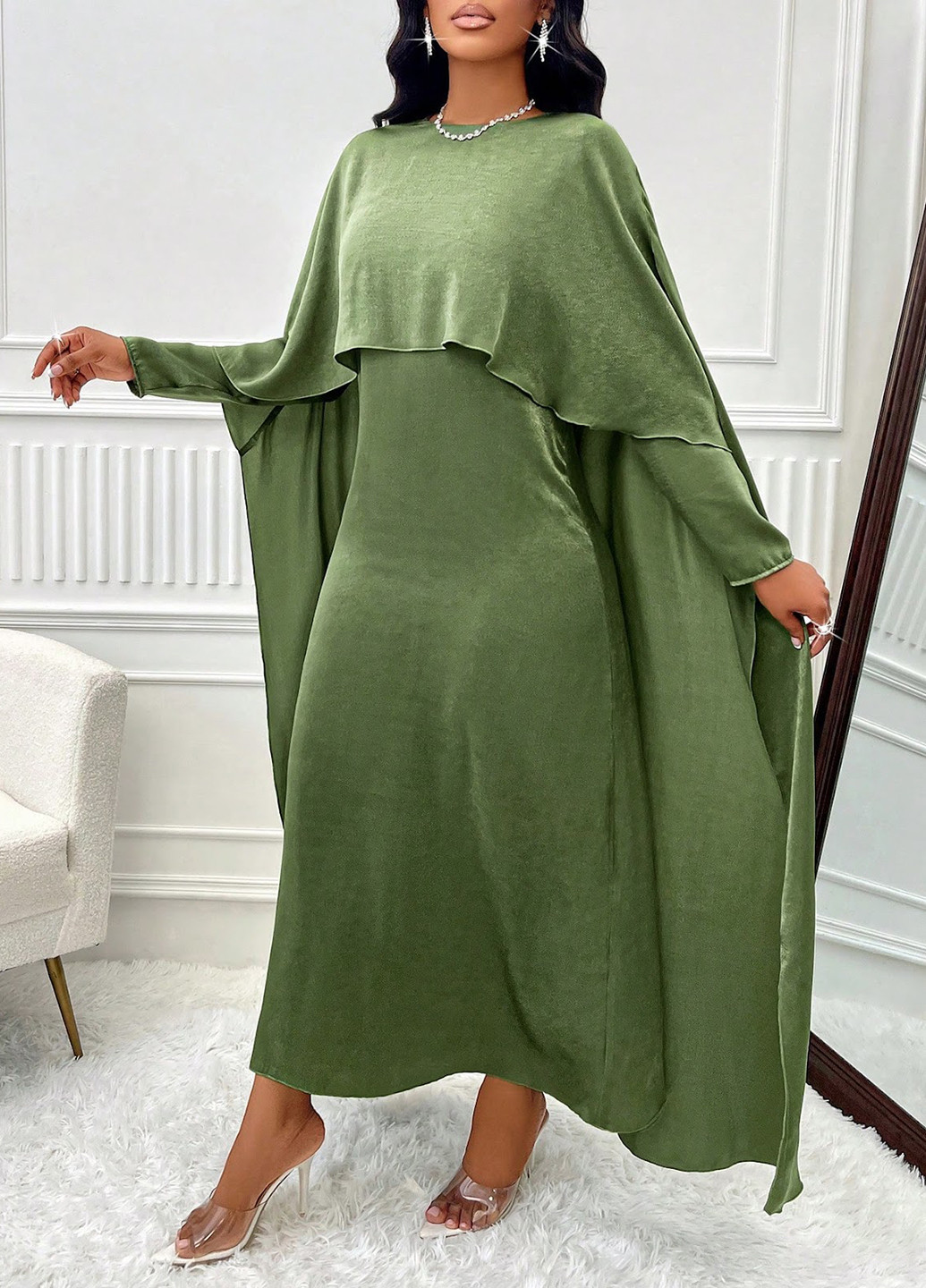 Зеленое кэжуал, вечернее платье платье-кейп SHEIN однотонное