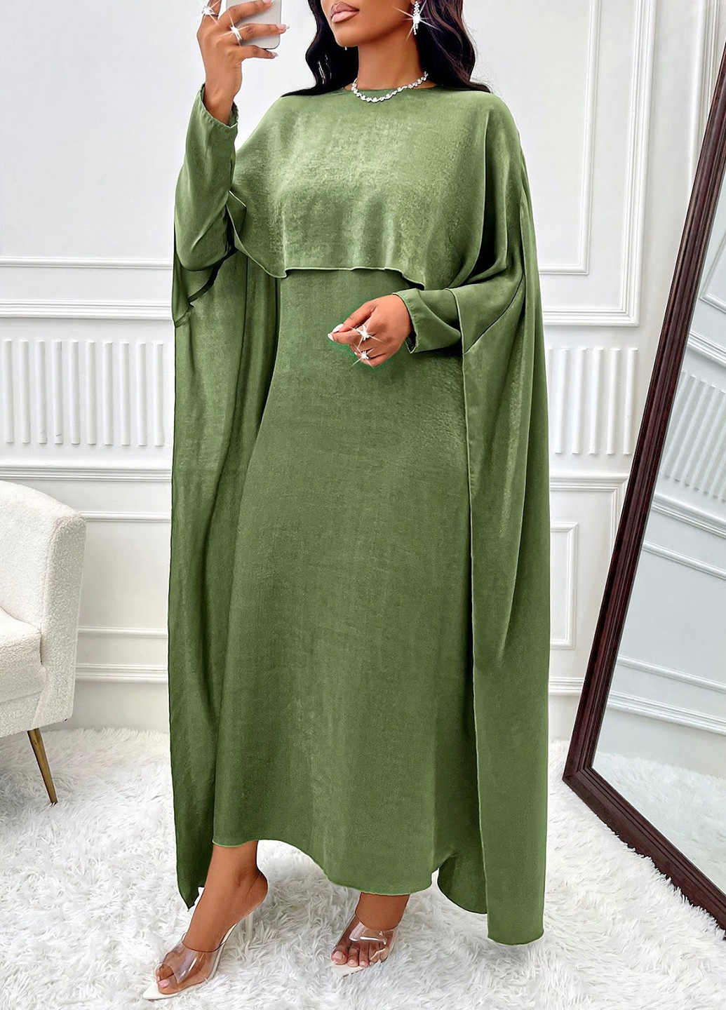 Зеленое кэжуал, вечернее платье платье-кейп SHEIN однотонное