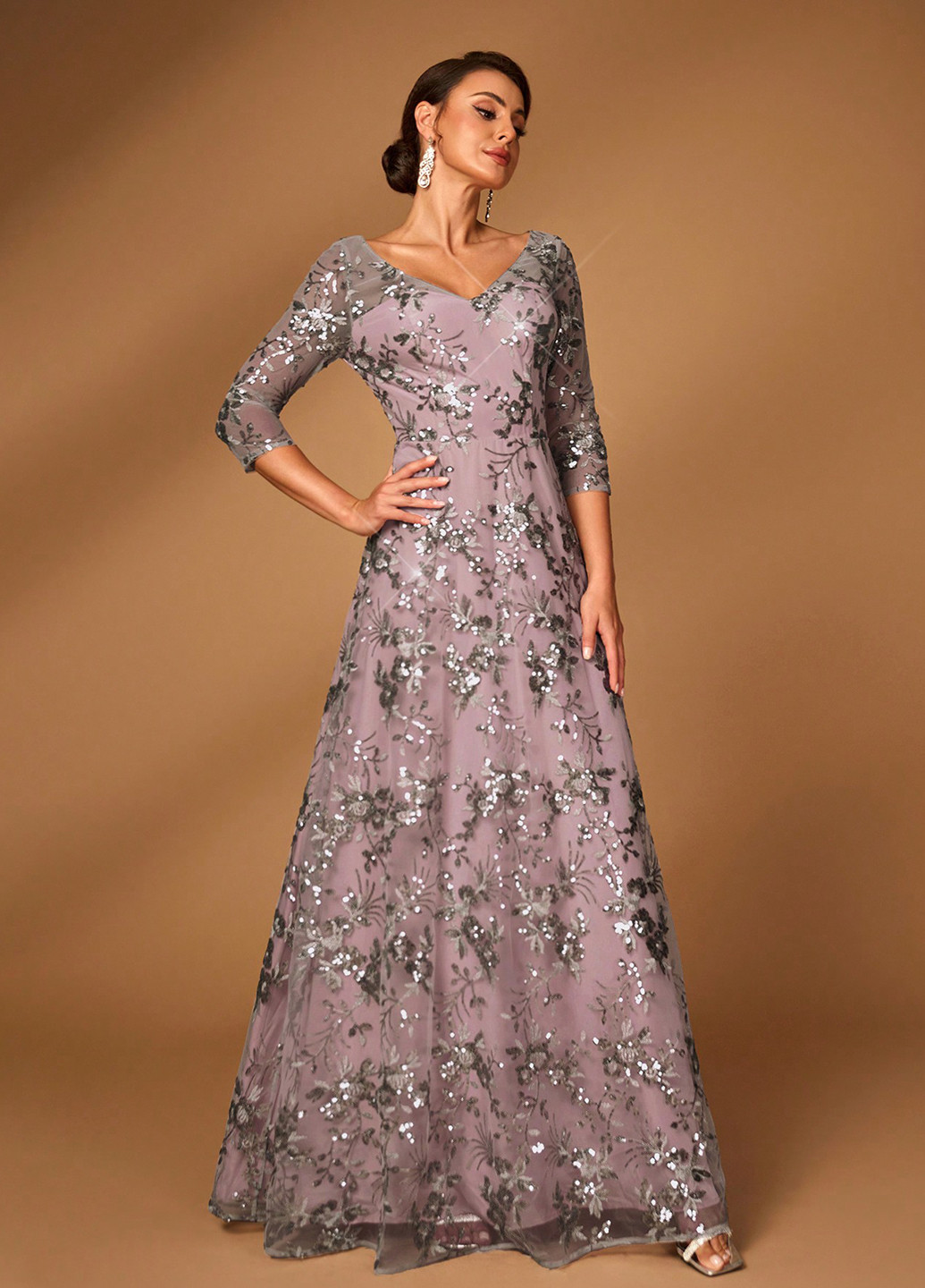 Темно-серое вечернее платье клеш SHEIN с цветочным принтом