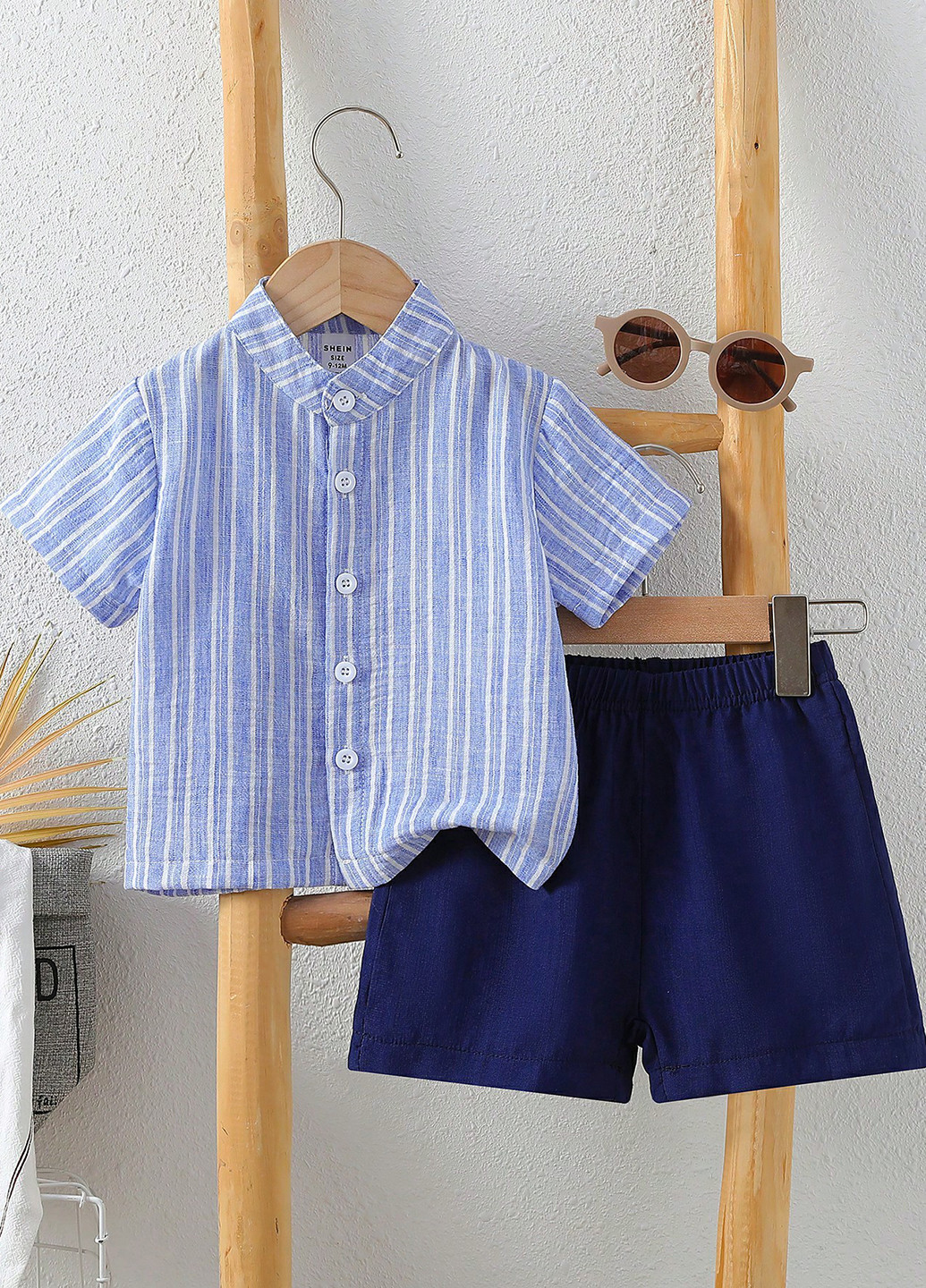 Темно-голубой летний комплект (рубашка, шорты) SHEIN