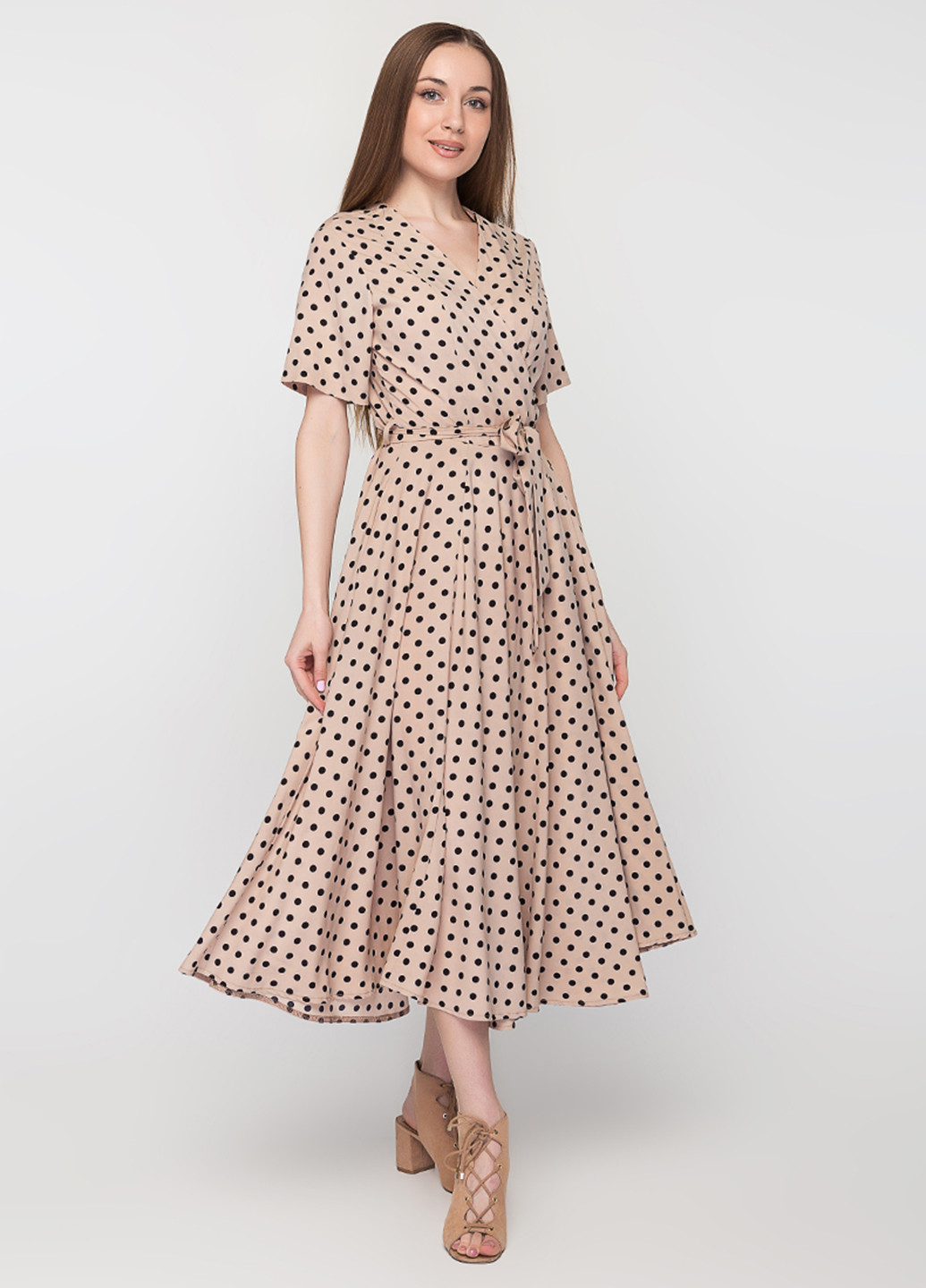 Бежева кежуал сукня з спідницею-сонце O`zona milano в горошок