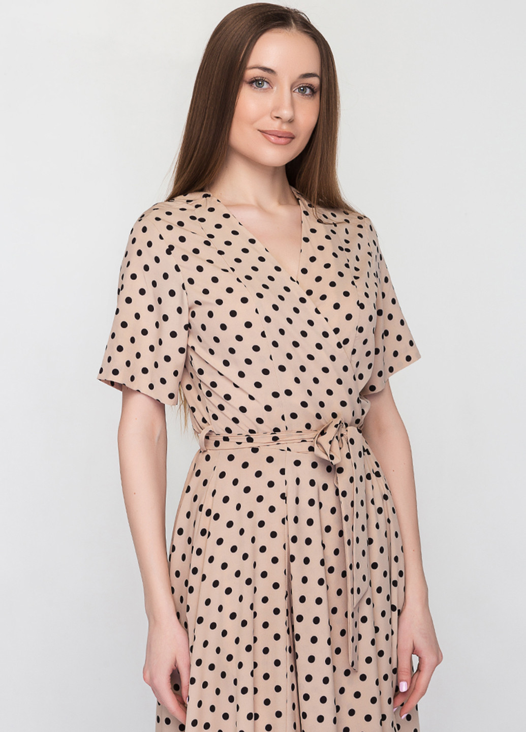 Бежева кежуал сукня з спідницею-сонце O`zona milano в горошок